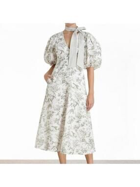 Zimmermann Linen Day Midi Dress Olive Toile Print
